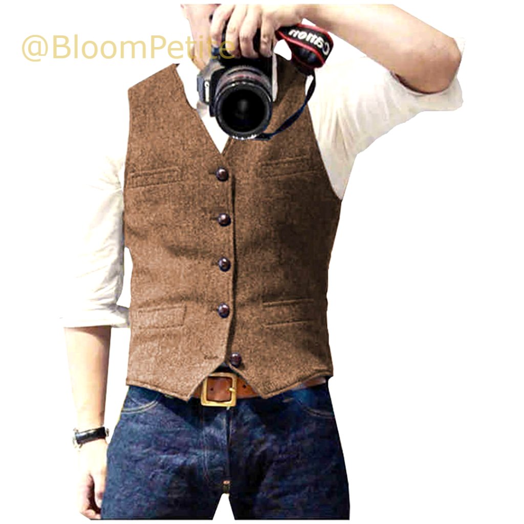 Men's Wool Tweed Slim Fit Vest With V-Neck And Pockets